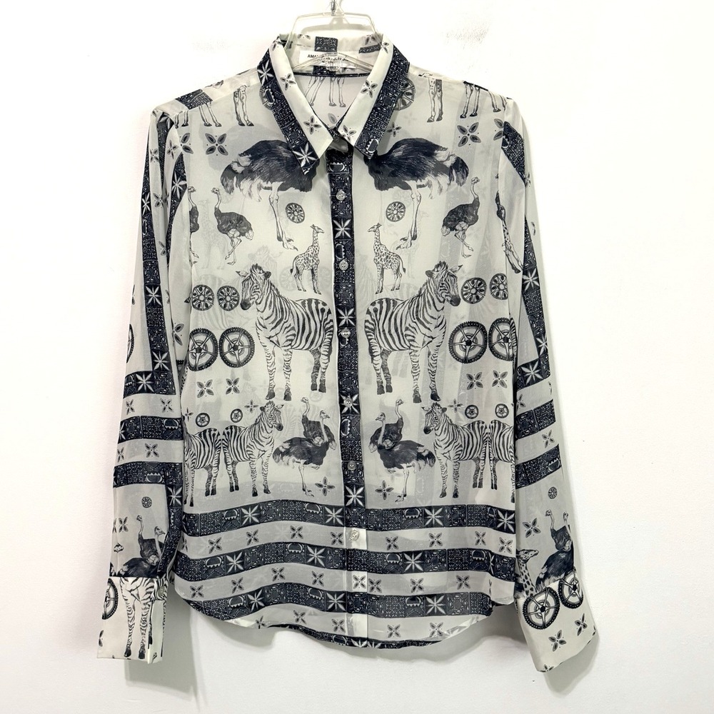 Amanda Uprichard Bridgeport Top S Zoo Print Sheer Long Sleeve Blouse Safari NEW